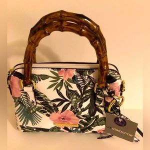 Liz Claiborne Tropical Floral Print Purse Faux Bamboo Handles Detachable Strap